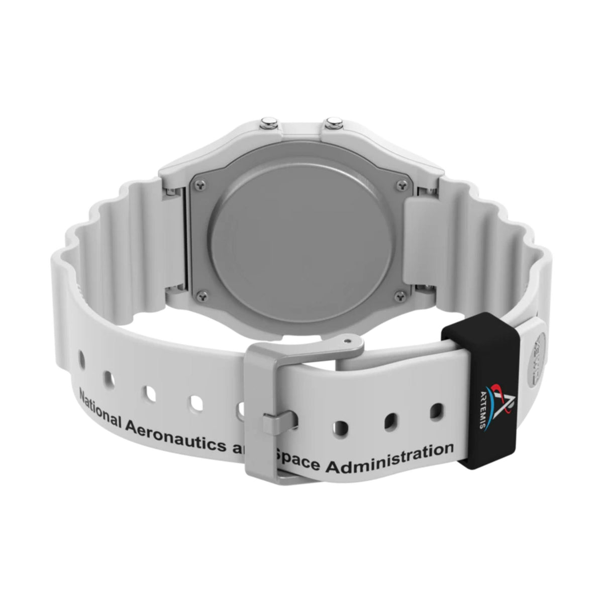 Timex digital watch with white ribbed strap, gray case back, and black clasp
