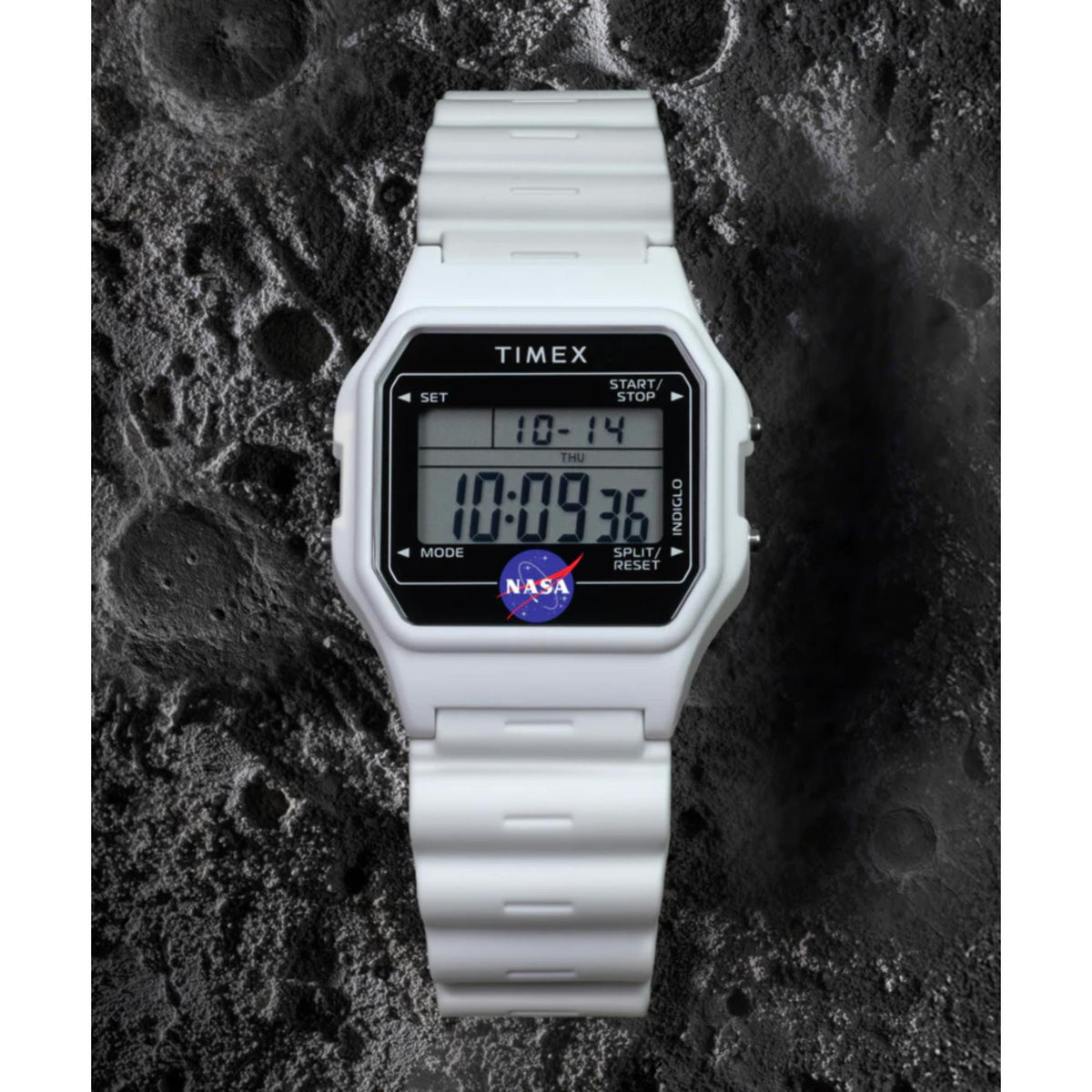 Timex digital resin watch with white strap, black display, and NASA logo