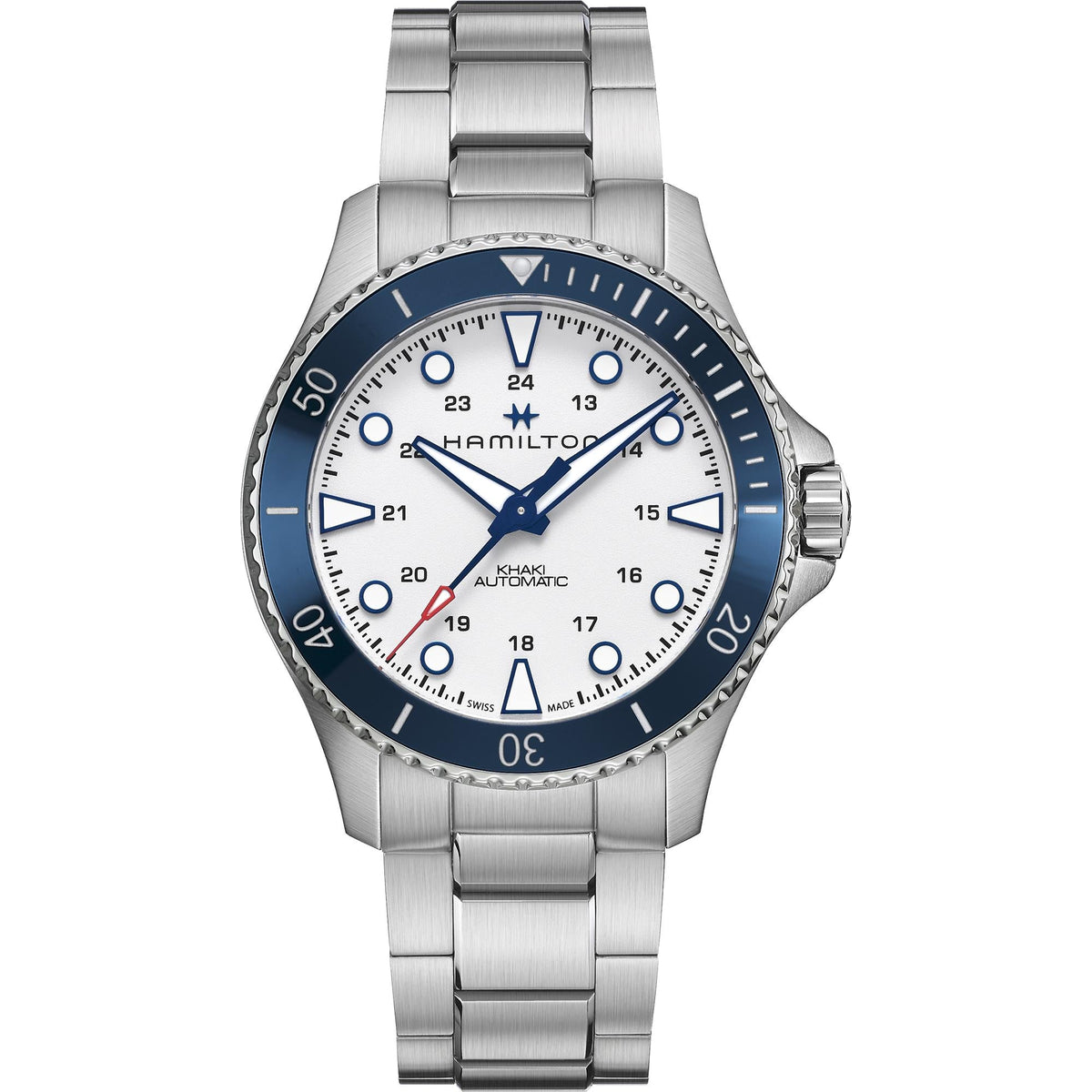 Men's automatic wristwatch with blue dial, silver-tone steel case, link bracelet, date window