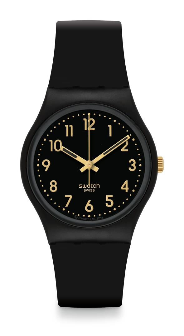 Swatch round black watch with gold hour markers, gold hands, and black silicone strap