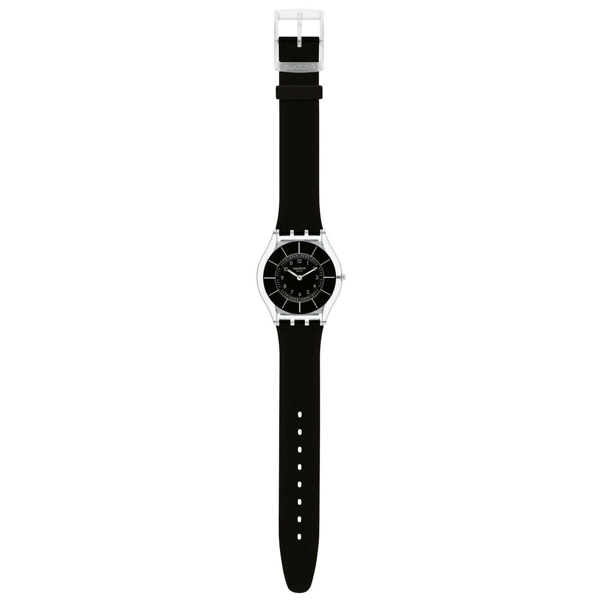 Black dial wristwatch with black silicone strap, shown in side profile