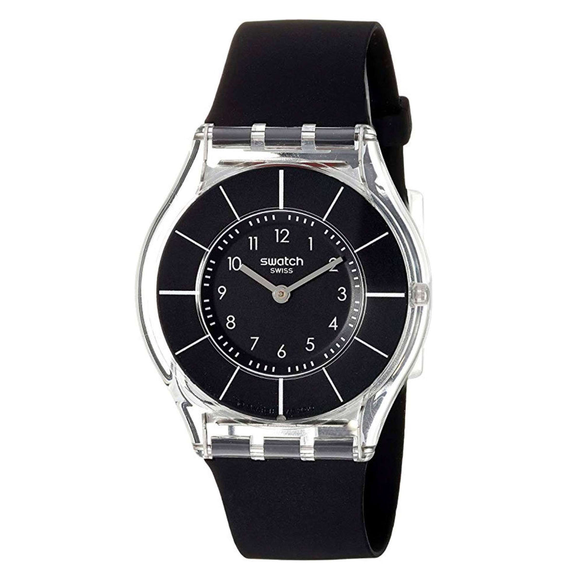 Swatch black dial wristwatch with silver-toned case and black strap, front view