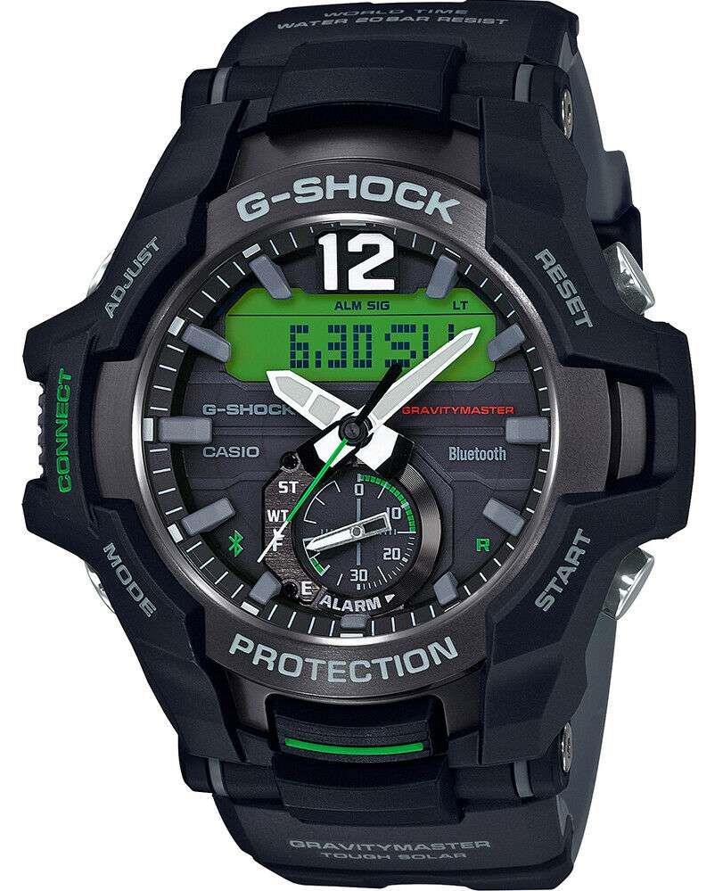 Men's G-SHOCK Gravitymaster digital watch with black strap and green LCD dial