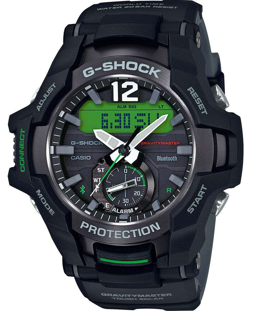 Men's G-SHOCK Gravitymaster watch with black case, black strap, and green LCD dial