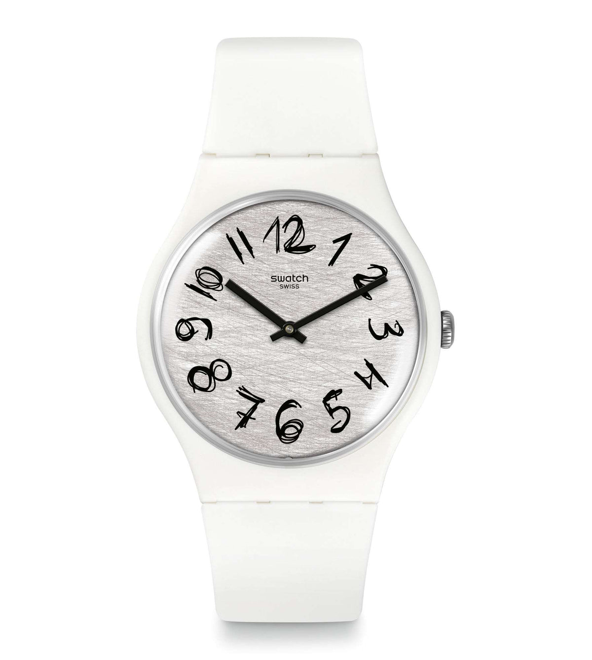 Ladies analog watch: white strap, grey dial with black numerals and two black hands