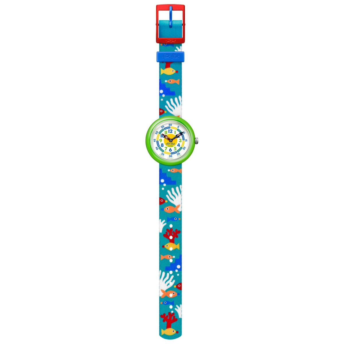 Round green kids watch with blue fish-pattern textile strap and green plastic case