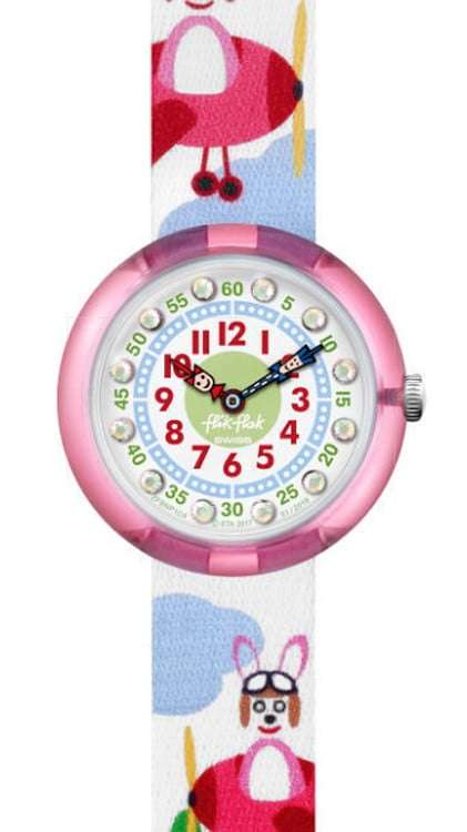 Kids watch close-up with Flik Flak dial, pink bezel, dog strap