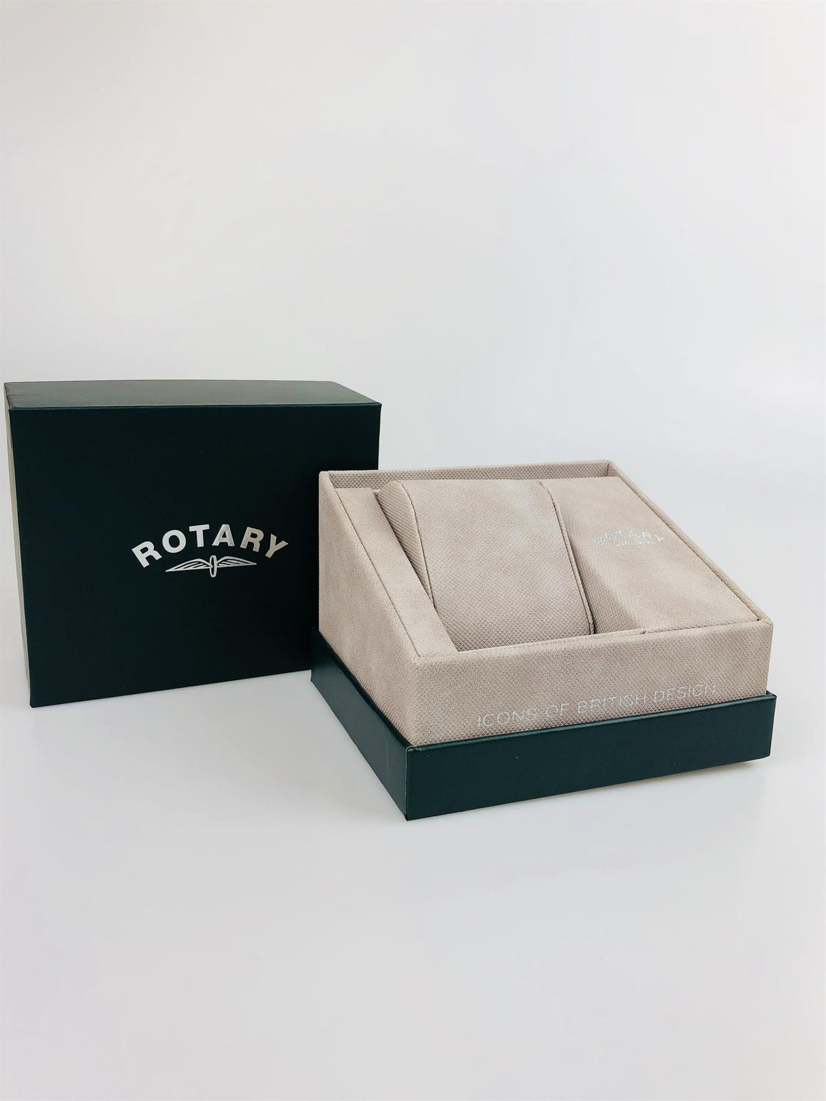 Rotary watch packaging set with logo box and beige display cushion