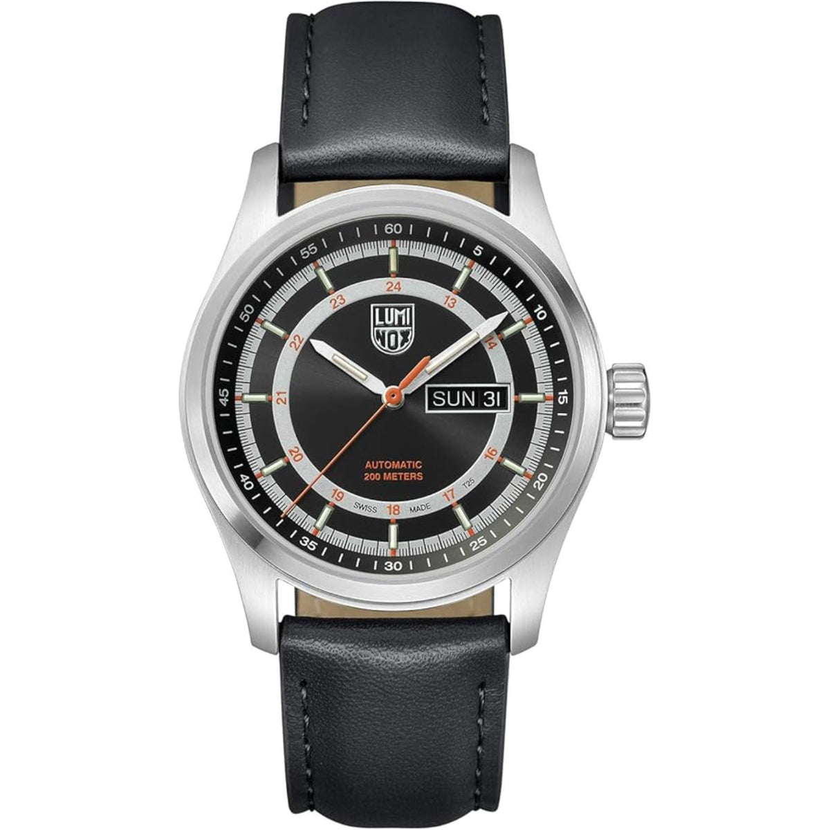Men's automatic field watch full view: black dial, date window, black leather strap, steel case