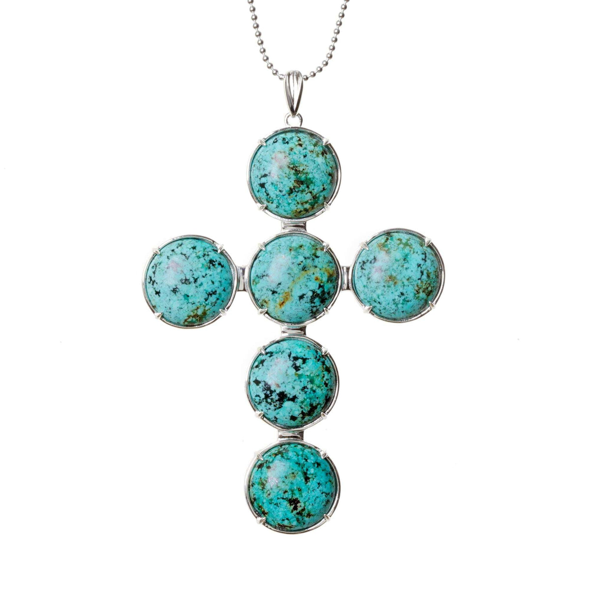 Turquoise round-stone cross pendant necklace with silver chain