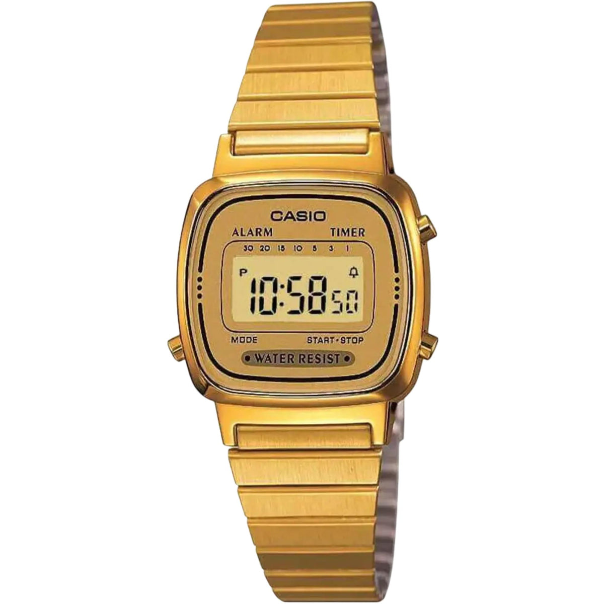 Gold-tone digital quartz ladies watch with LCD showing 05:58, alarm timer controls