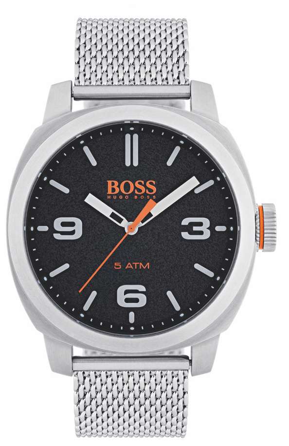 Hugo Boss men's wristwatch with stainless steel mesh strap, black dial, orange accents