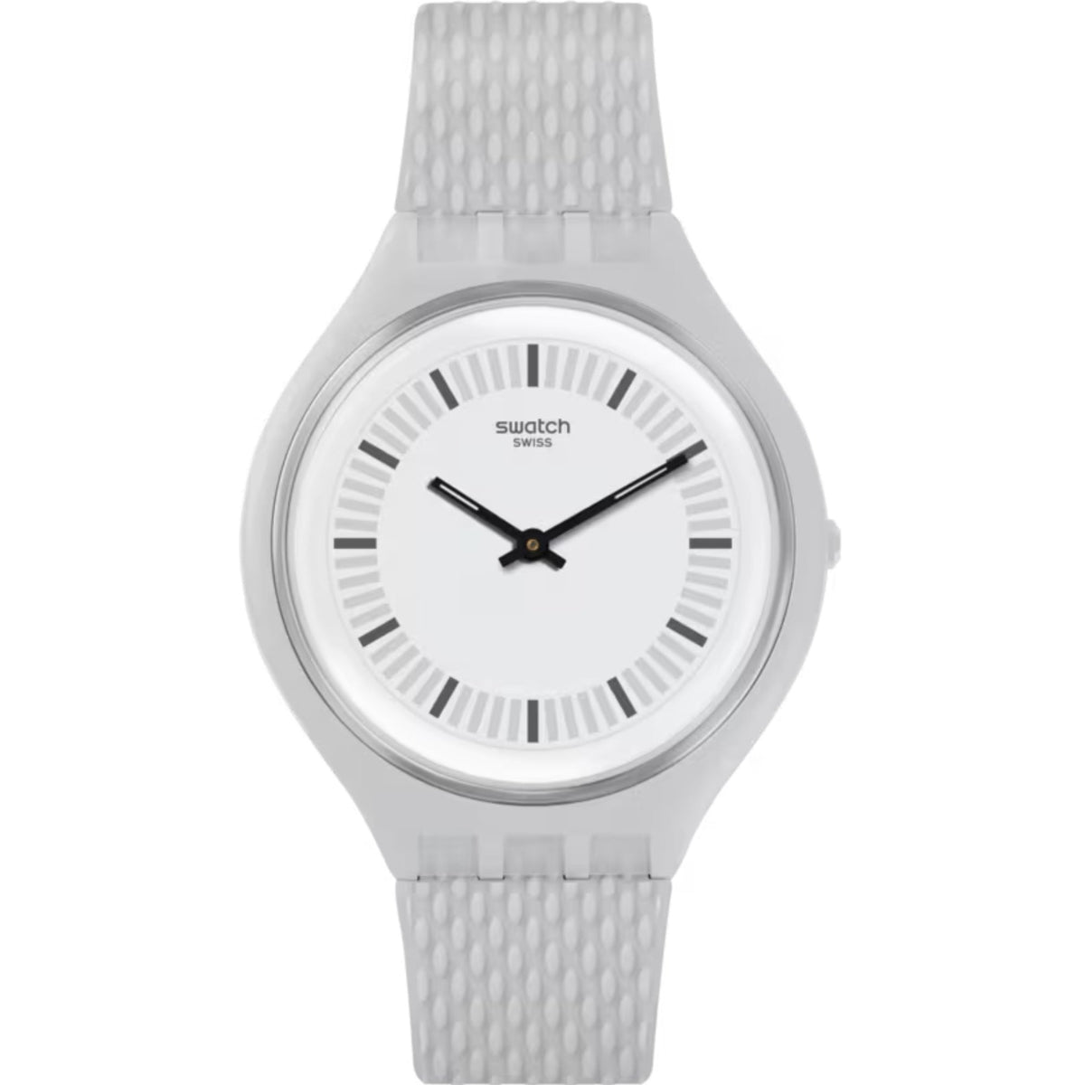 Front view of grey Swatch men’s watch with silicone strap, white dial and black hands.