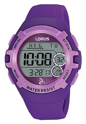 Close-up purple digital ladies watch with resin case, rubber strap, and water resist bezel