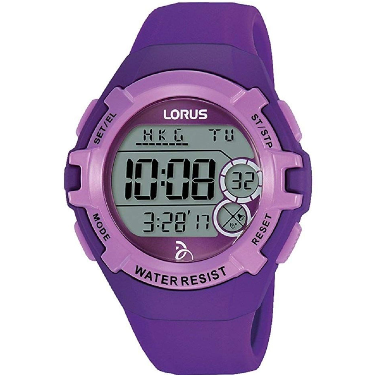 Purple digital ladies watch with purple rubber strap, resin case, and LCD time display
