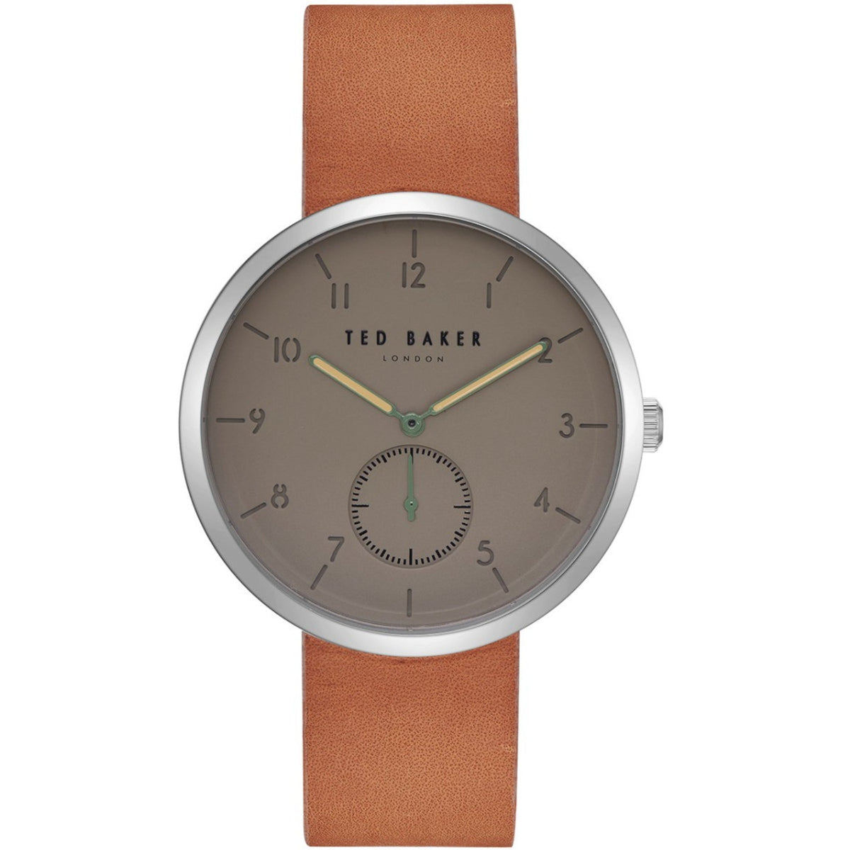 Men's watch with brown leather strap, grey dial, silver bezel, three hands with markers