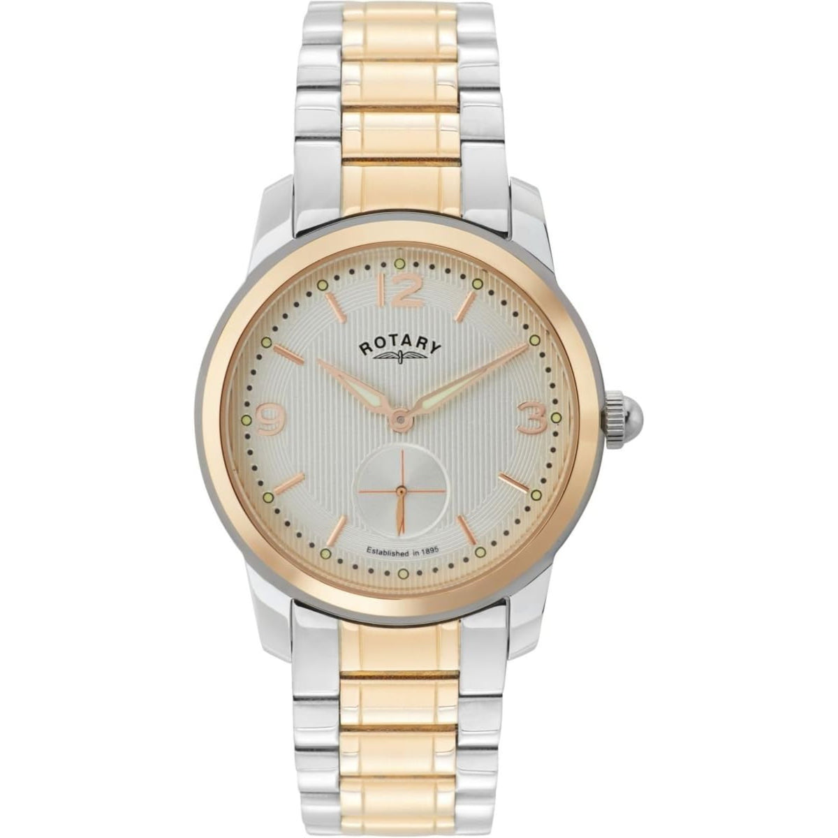 Two-tone men's wristwatch front with cream dial, rose-gold bezel, and silver/gold bracelet