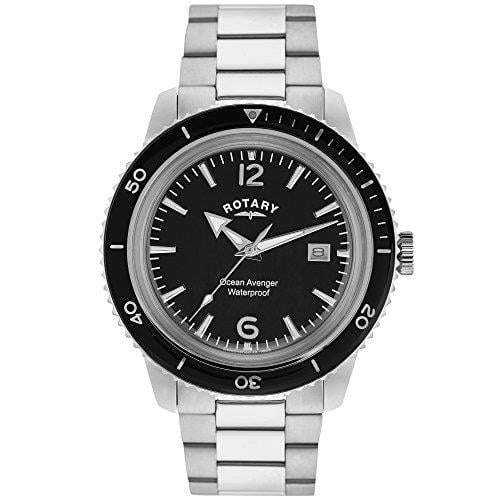 Black dial Rotary men's watch with silver stainless steel bracelet and black bezel markers
