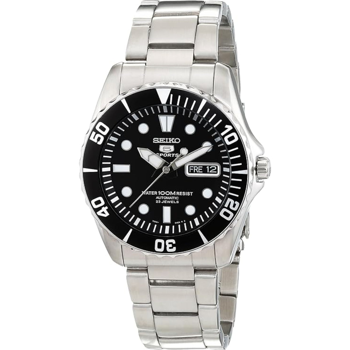 Men’s stainless steel automatic watch with black dial, dive bezel, and metal link bracelet