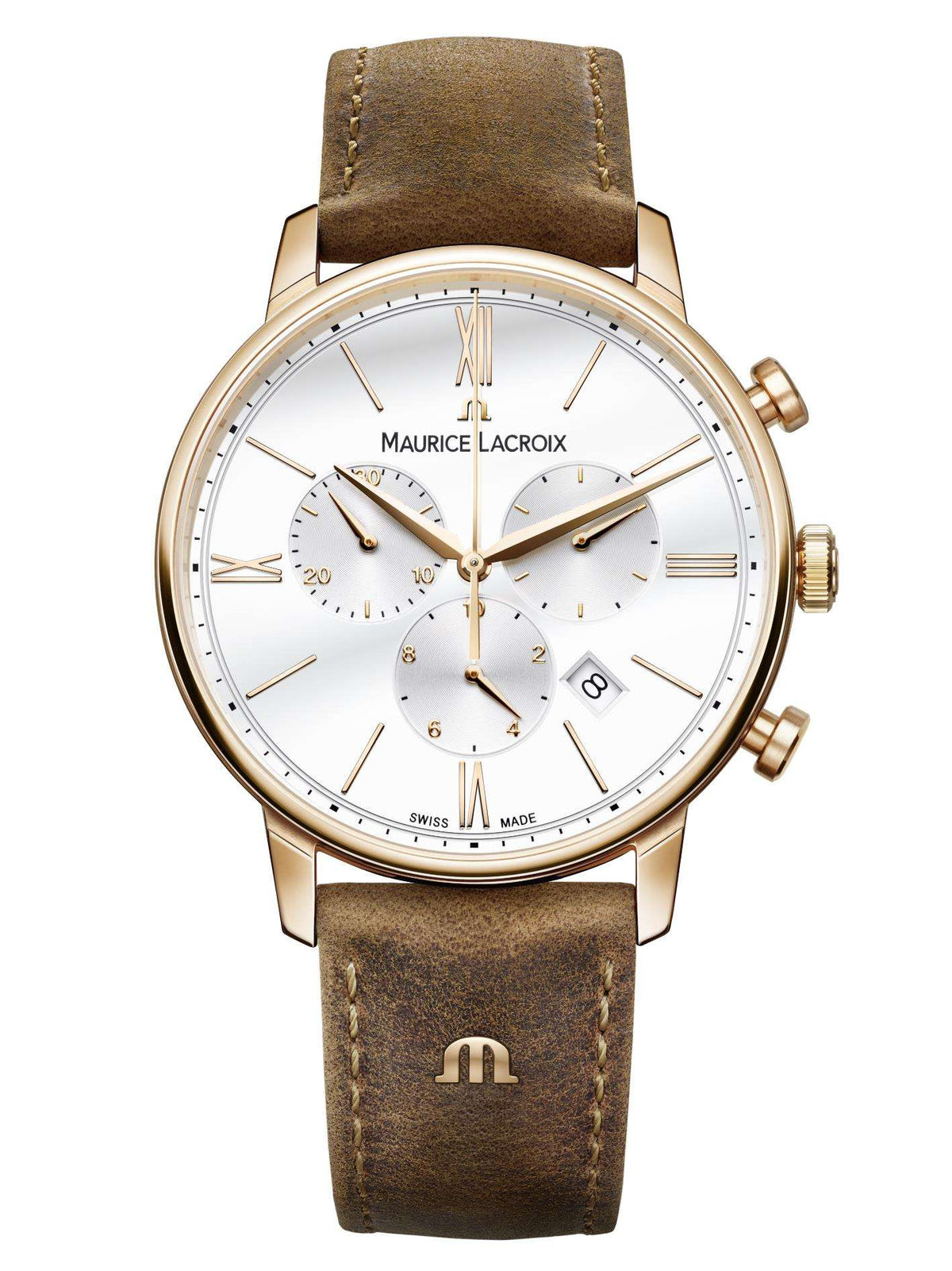 Men's leather strap chronograph watch, white dial with Roman numerals and three subdials