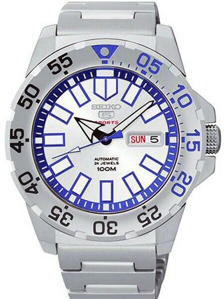 Stainless steel men’s sports watch, white-blue dial with SUN 5 date at 3