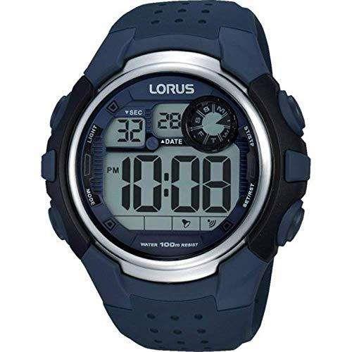 Men's navy silicone digital sports watch with round case and LCD chronograph display