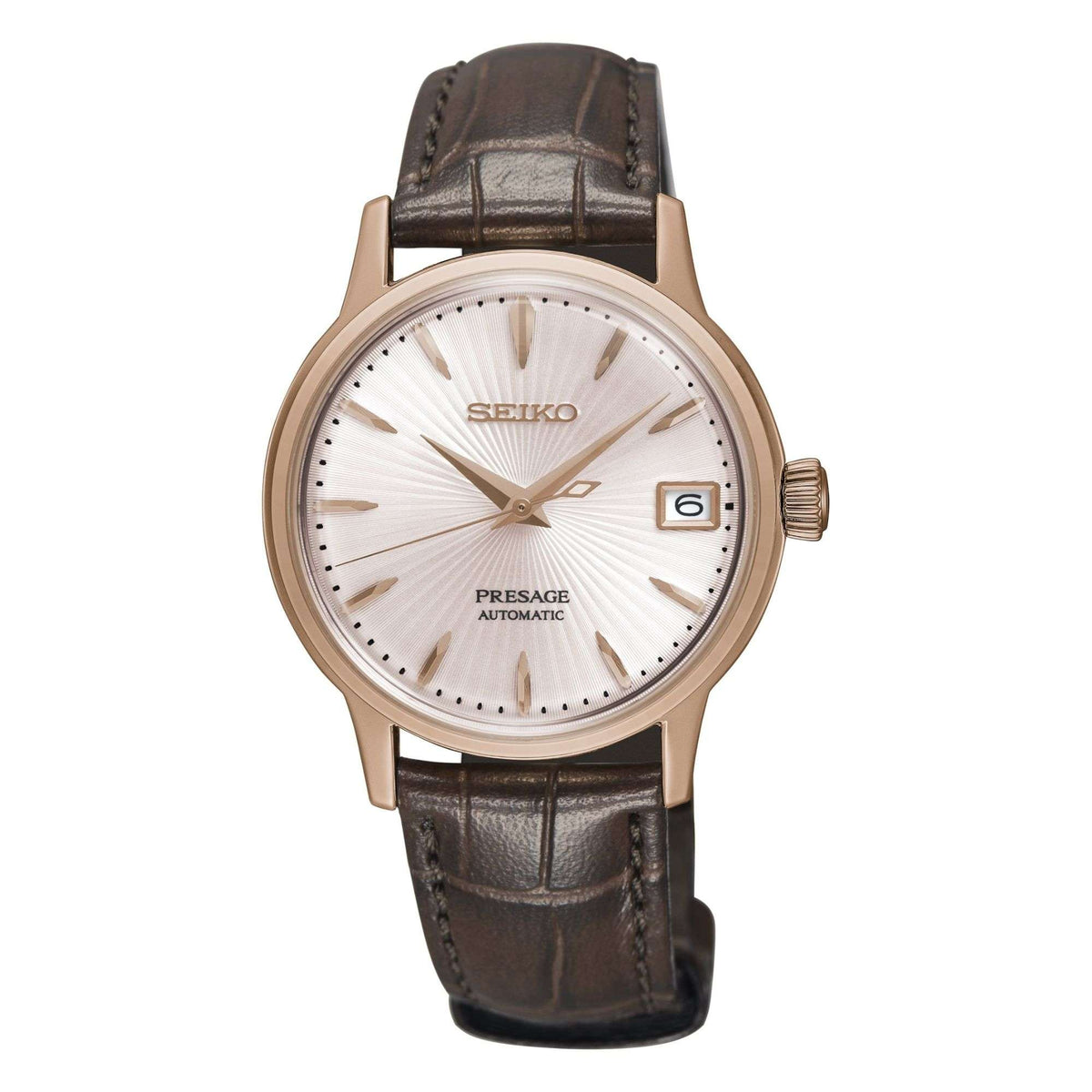 Seiko Presage automatic ladies watch with rose gold bezel, white dial, brown leather strap