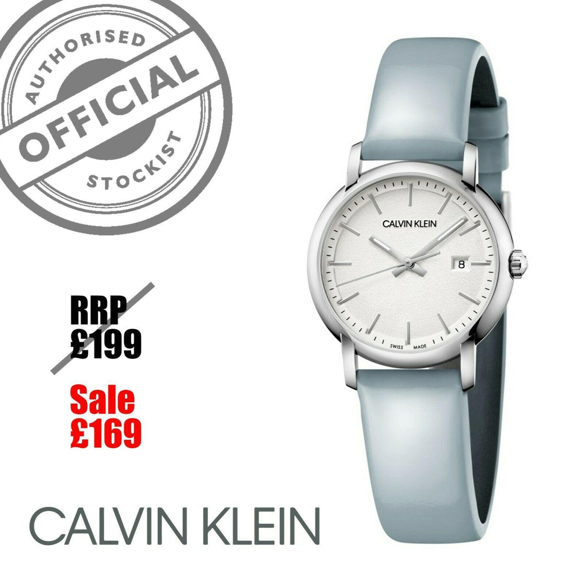 Ladies watch with silver dial and light blue leather strap, round case, date window at 8
