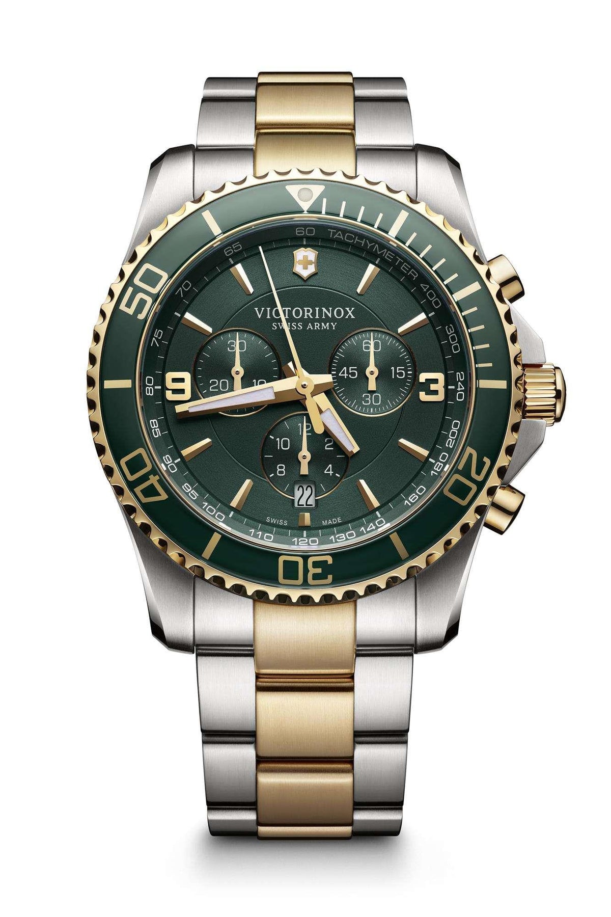 Victorinox men's two-tone stainless chronograph watch with green dial and gold-accent bracelet