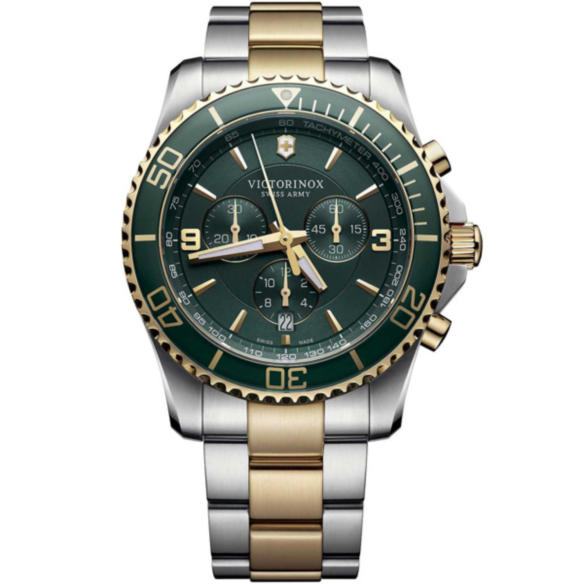 Close view of Victorinox men's two-tone chronograph watch with green dial and gold accents