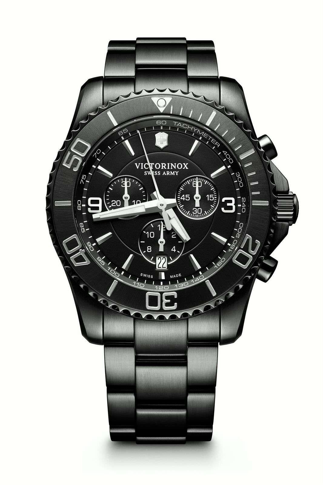 Men's black chronograph tachymeter watch on black metal bracelet, detailed dial