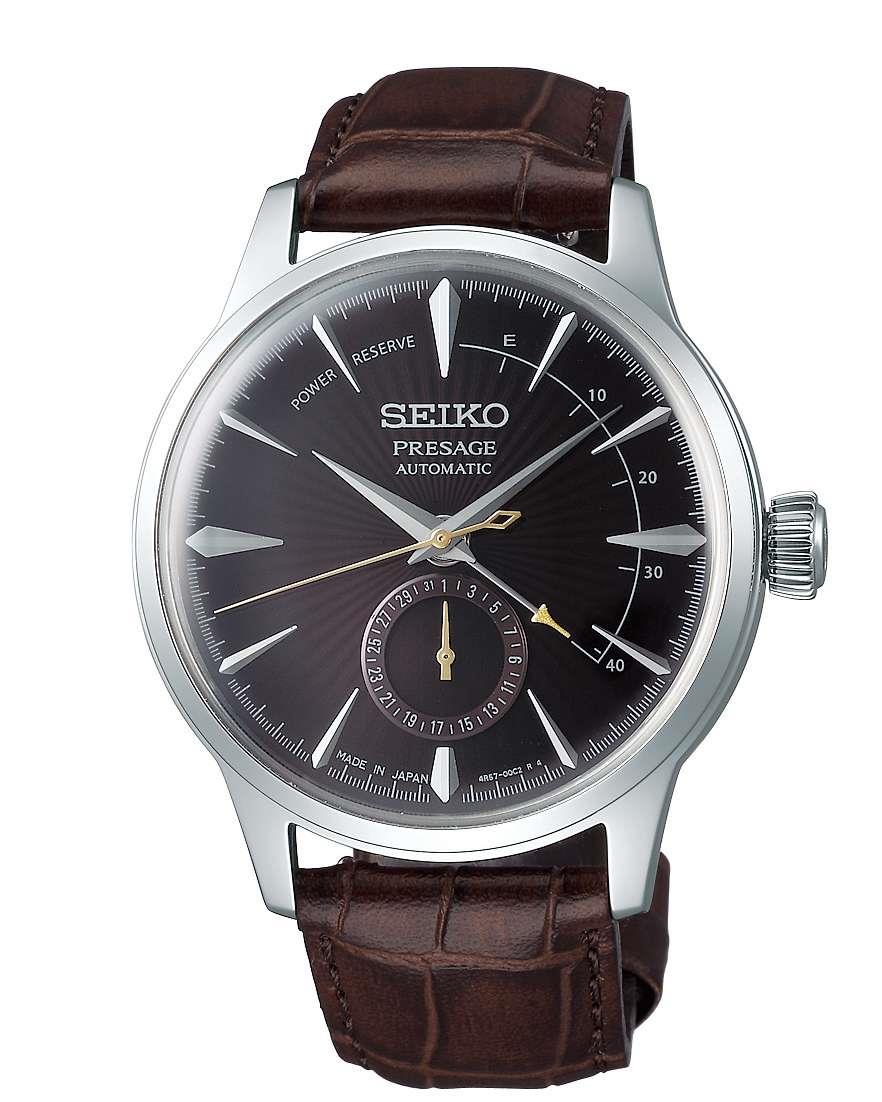 Seiko Presage men's auto watch, dark dial with subdial, brown leather strap