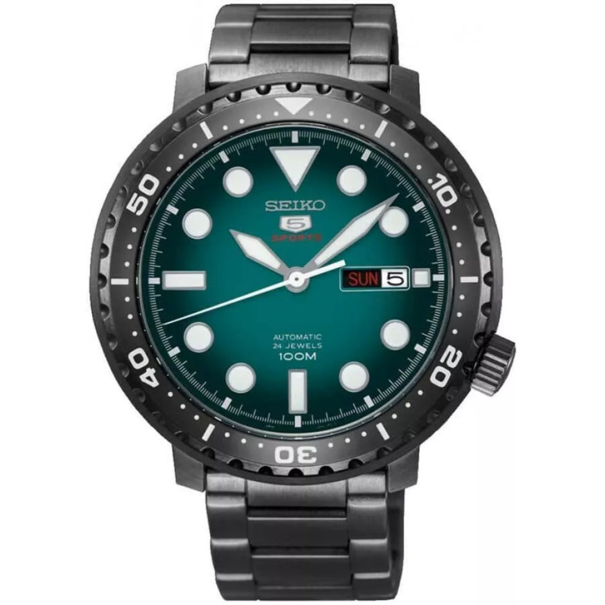 Men's automatic diver watch with turquoise dial, Sun 5 display, black stainless bracelet