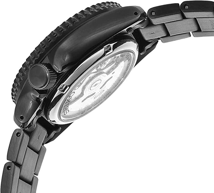 Seiko 5 Sports automatic men's watch with black dial and stainless bracelet, crown side view