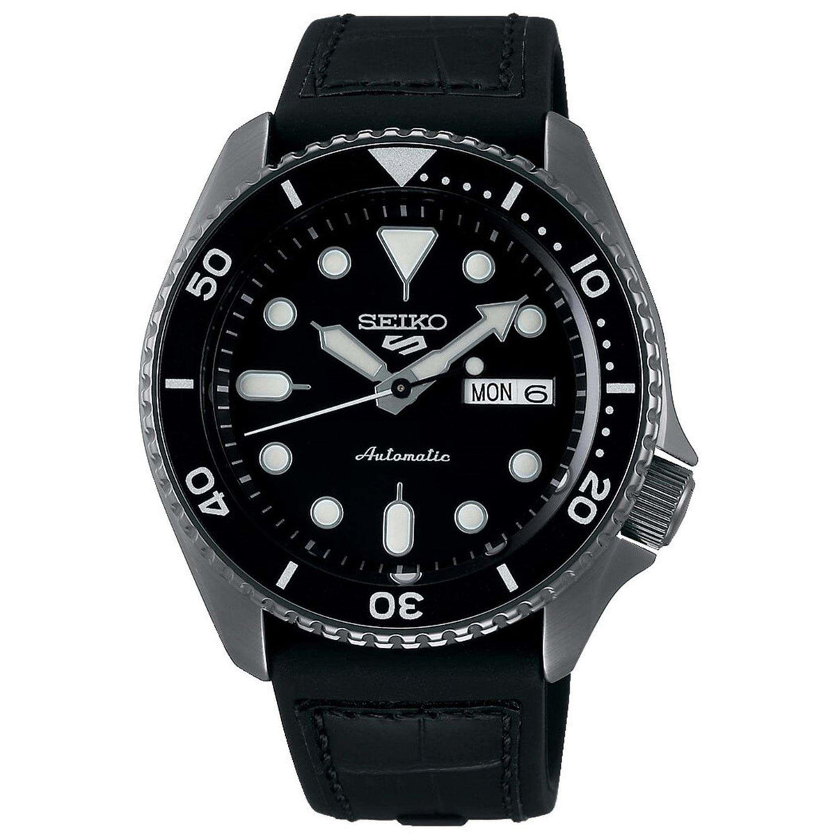 Men's automatic watch front view with black dial, black leather strap, and date window (MON 6).