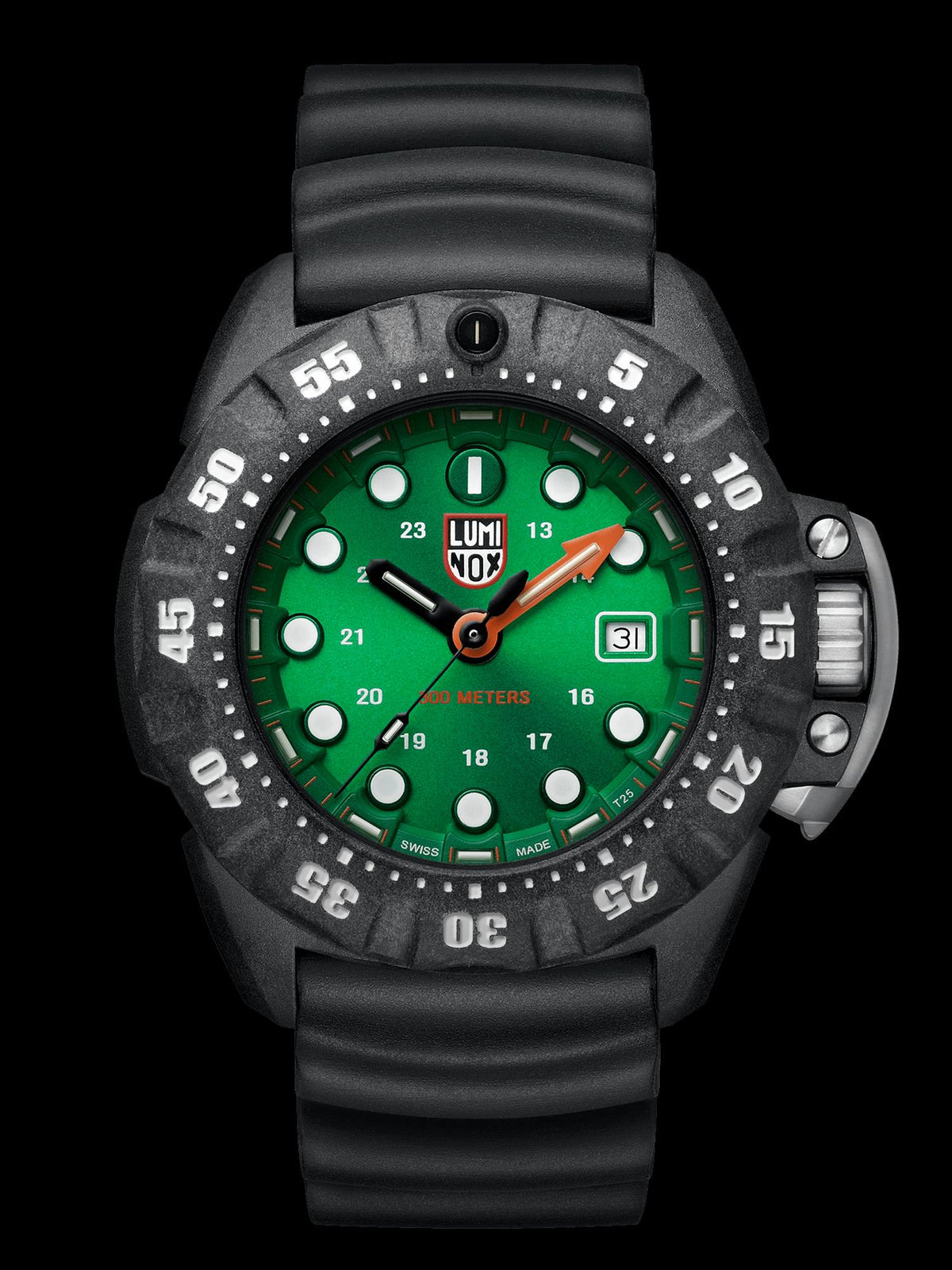 Luminox men's 45mm quartz watch with black rubber strap and green dial
