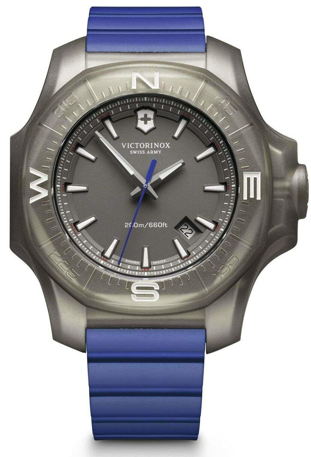 Men's Swiss-style watch with blue rubber band, grey titanium case, dark dial with baton markers