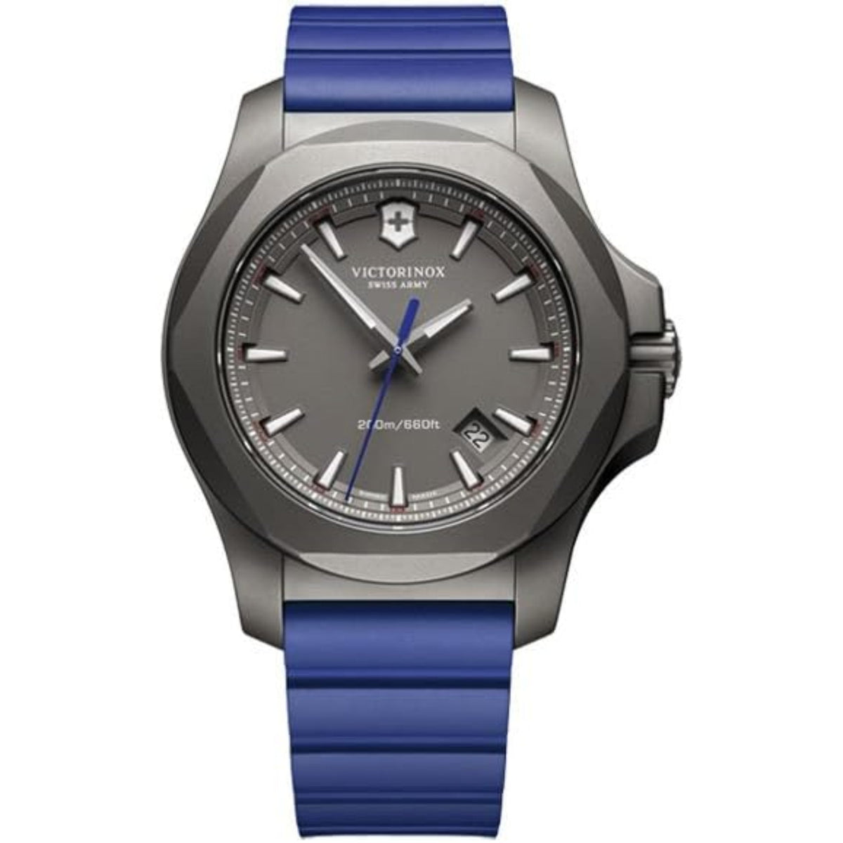 Men's titanium watch with blue rubber band, dark gray dial, baton hands and raised index markers