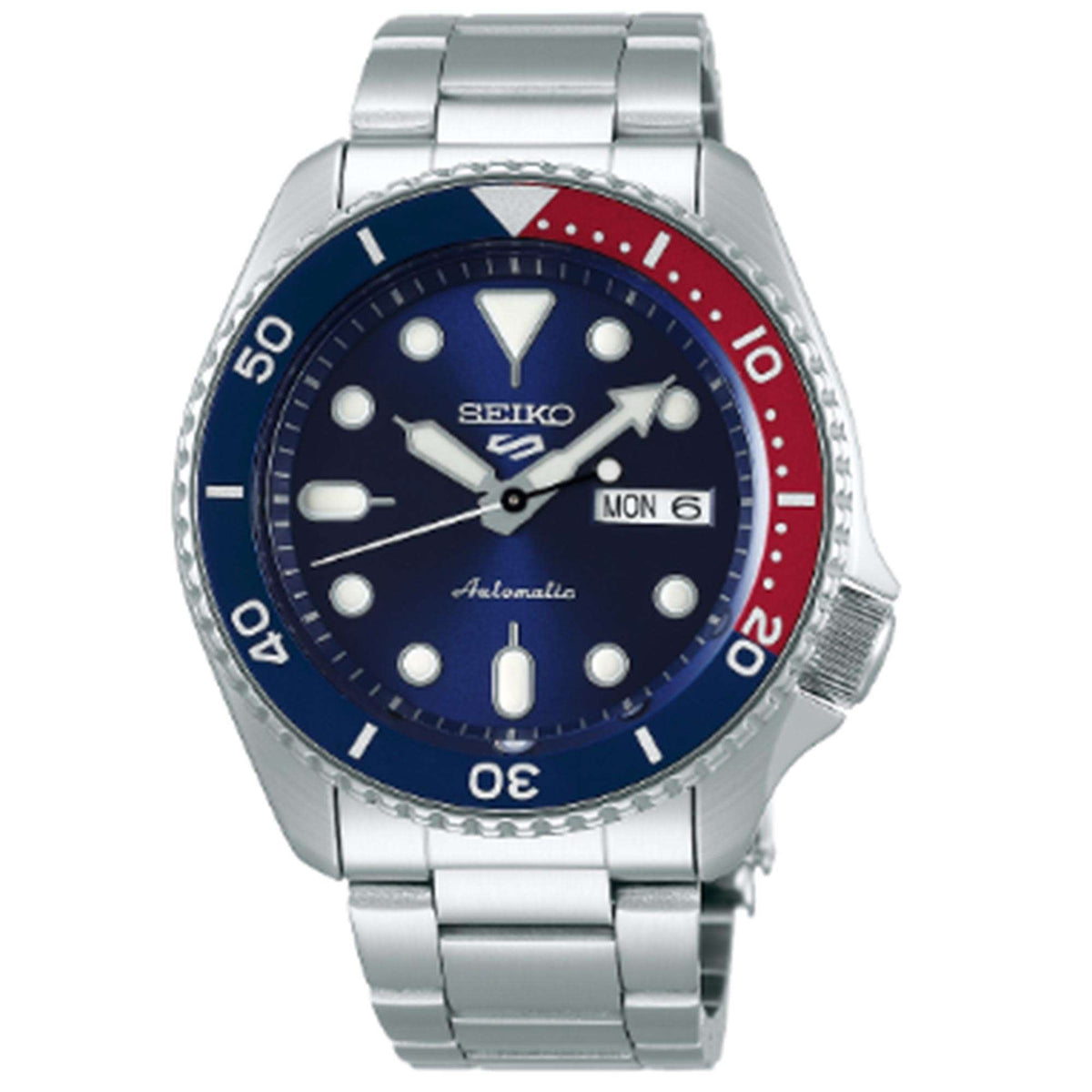 Seiko men's blue-dial watch with red/blue bezel, date window, and stainless bracelet