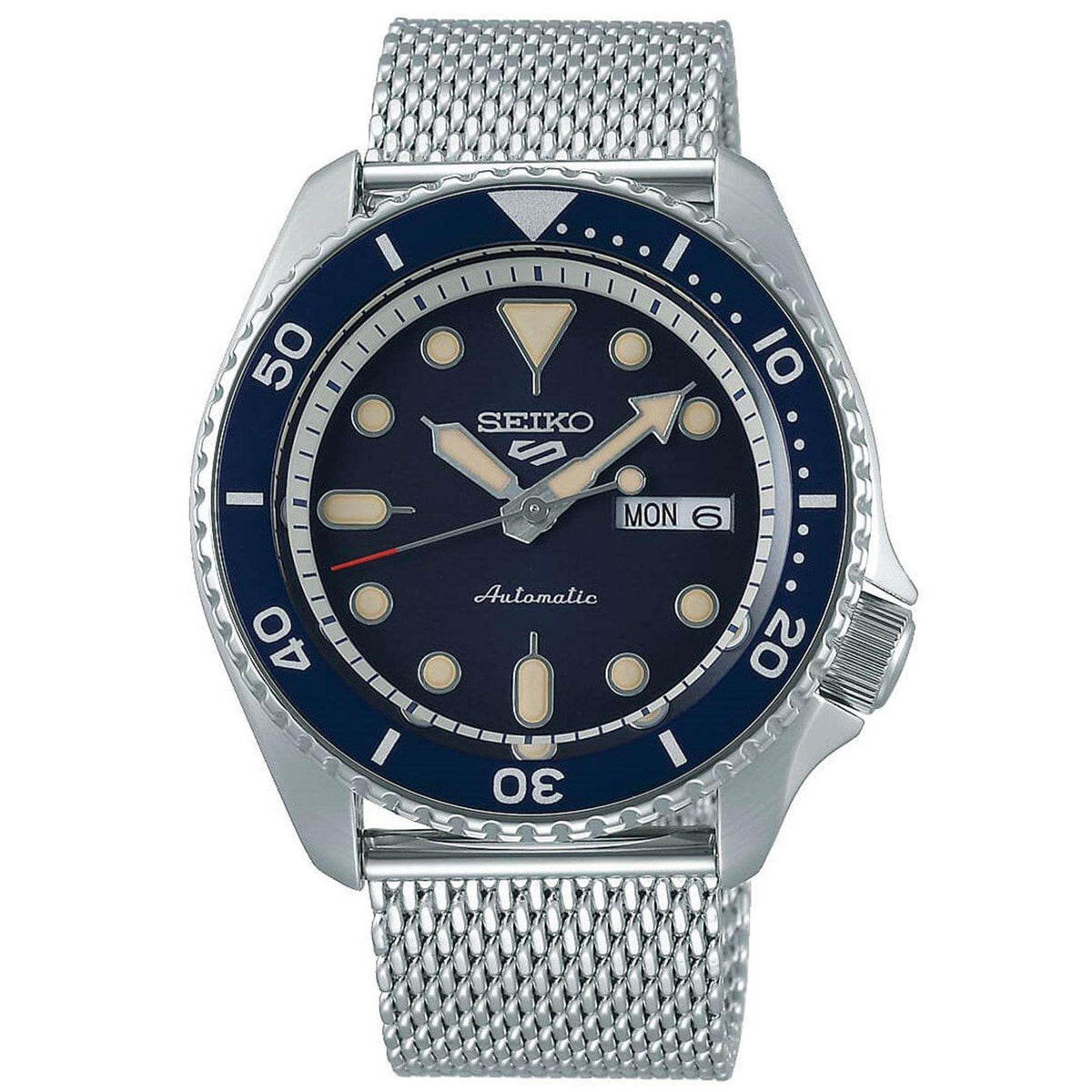 Automatic men's watch with deep blue dial, gold indices, and silver steel mesh band