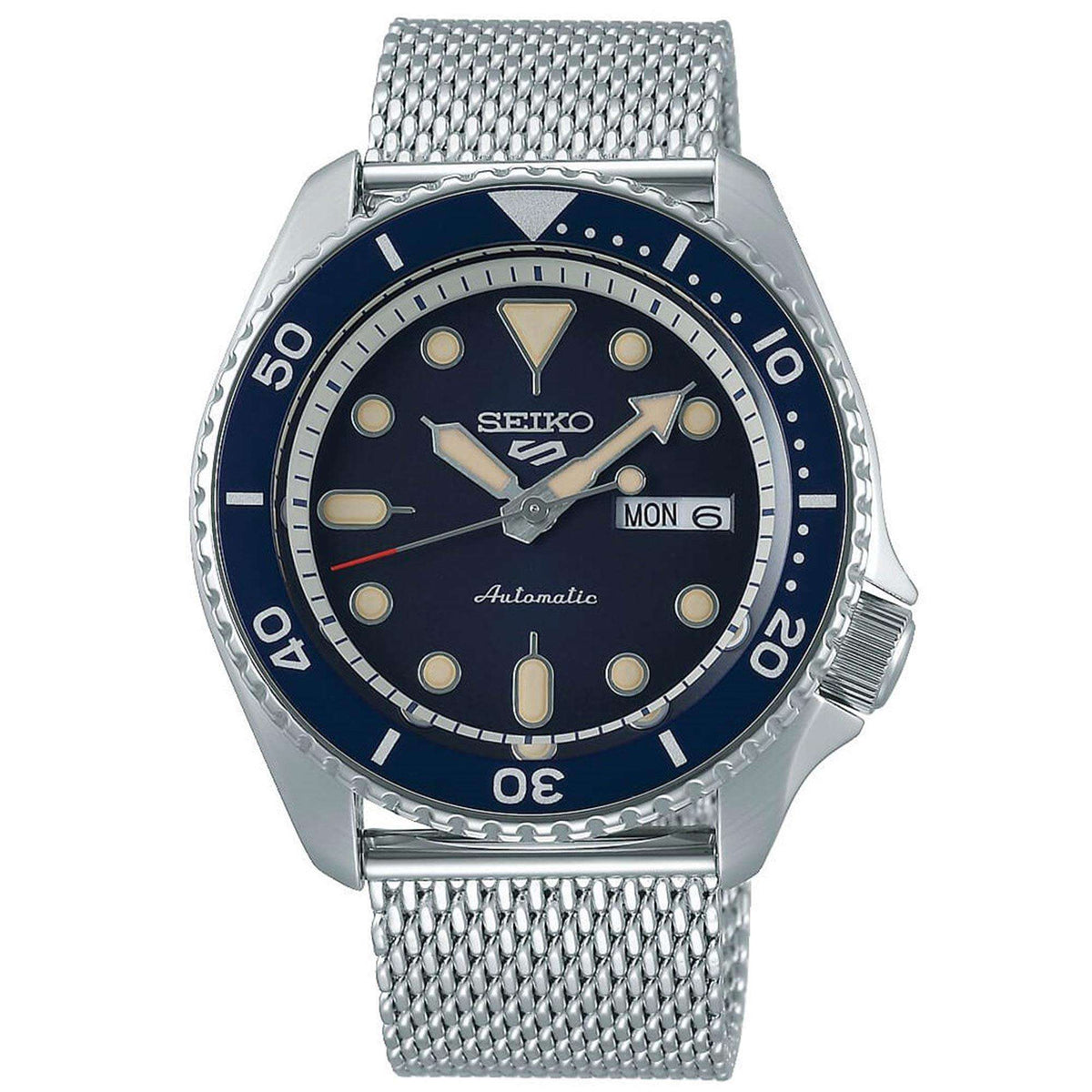 Silver automatic men's watch with blue dial and steel mesh bracelet front view