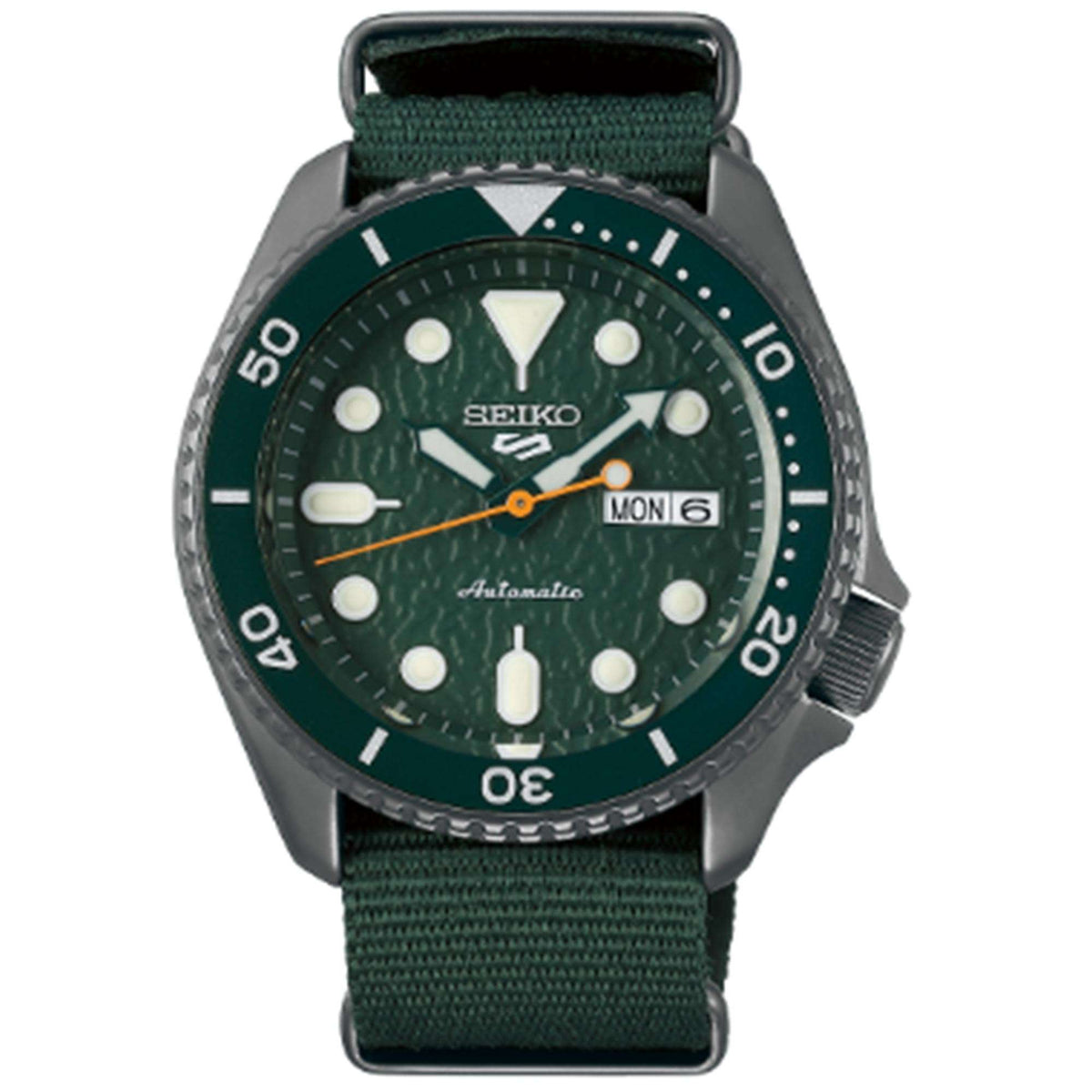 Men's automatic watch with green dial, stainless case, and dark green canvas strap.