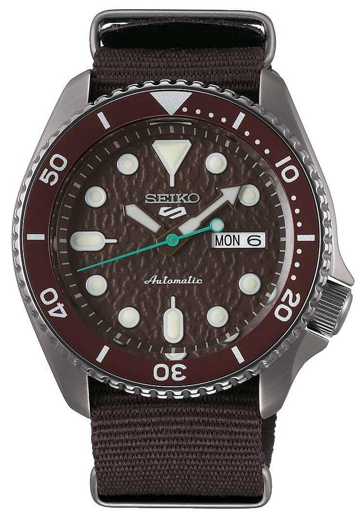 Seiko 5 Sports automatic men’s watch, stainless case, brown canvas strap, brown dial with date