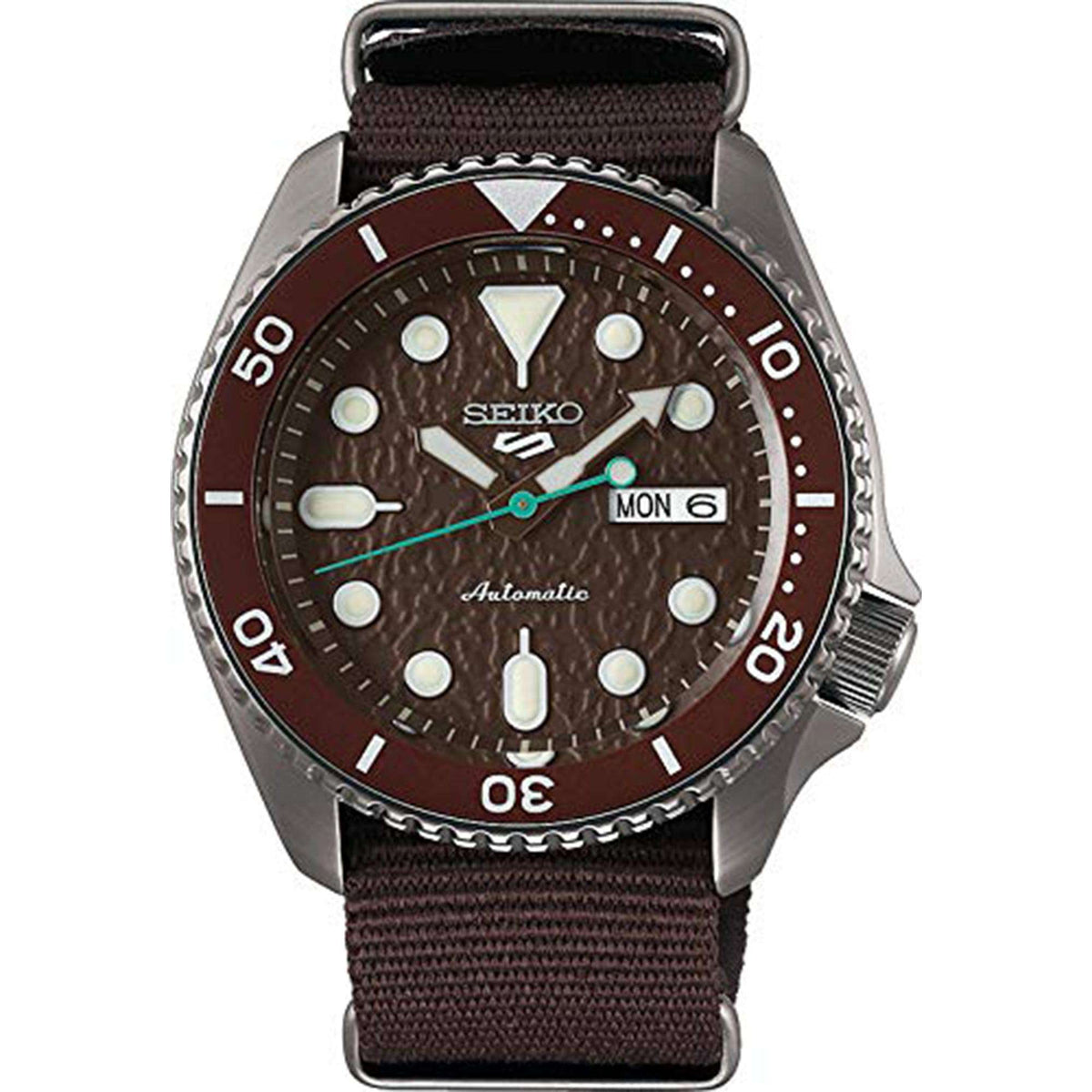 Men's Seiko 5 Sports automatic watch with brown fabric strap, maroon dial, MON 6