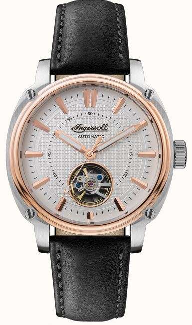 Men's automatic watch with white dial, rose-gold bezel, and black leather strap