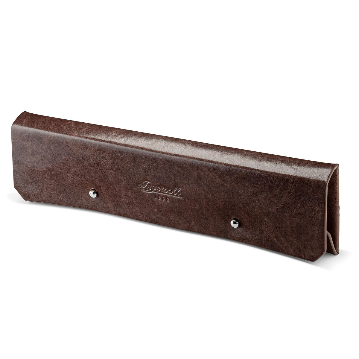 Brown leather watch strap storage pouch with front snap buttons and Ingersoll logo