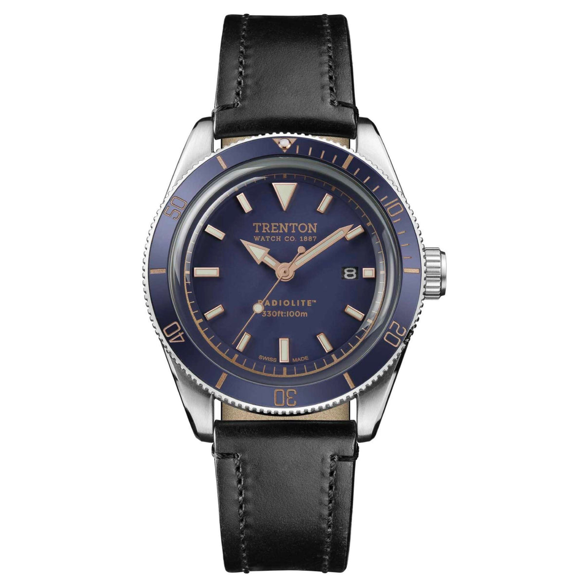 Men's quartz watch with blue dial, silver case, and black leather strap
