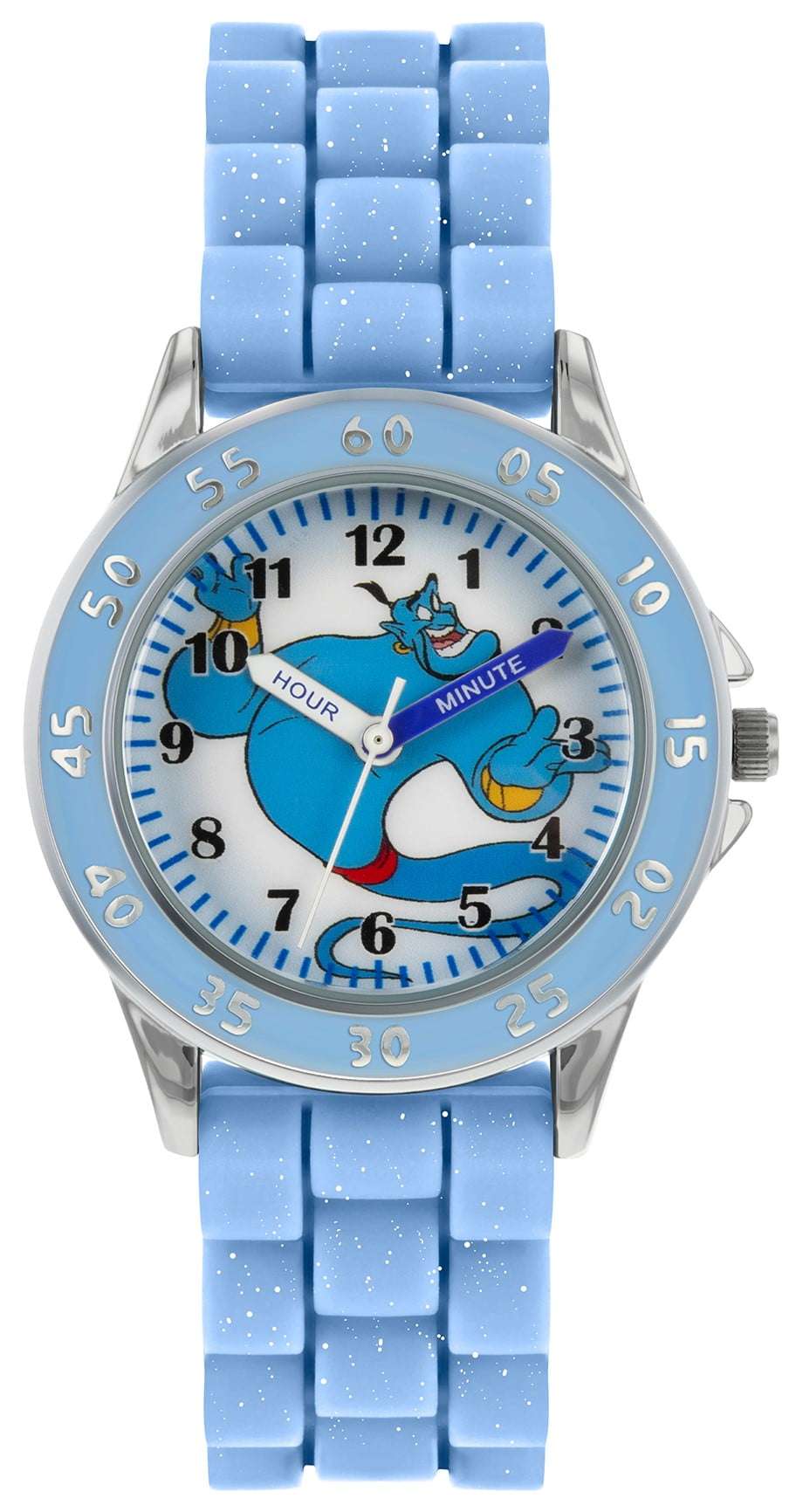 Blue dial boys watch with Disney Genie hands, Arabic numerals, blue rubber strap