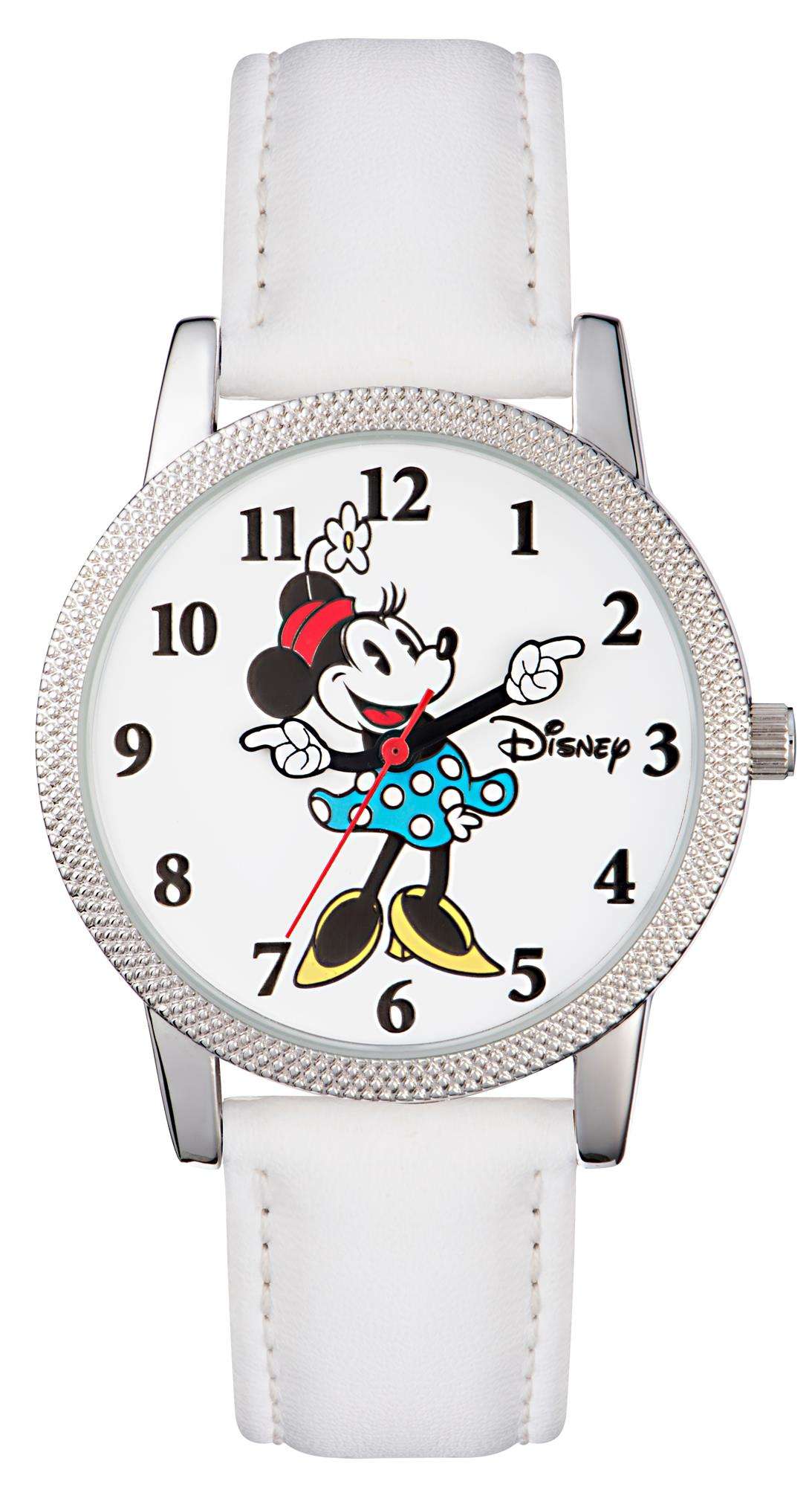 Girls Disney Minnie Mouse quartz watch, white leather strap, rhinestone bezel, round dial