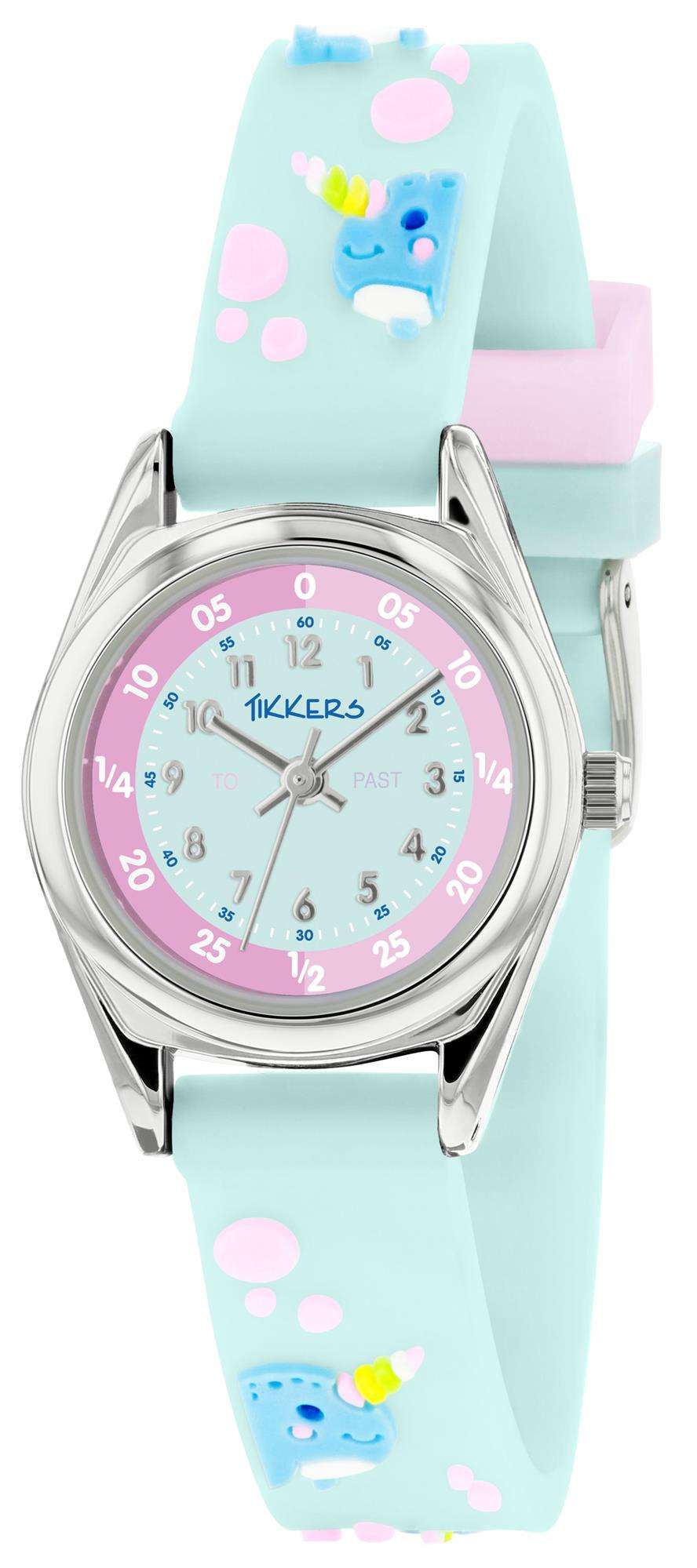 Blue silicone strap girls watch with silver case and colorful narwhal dial